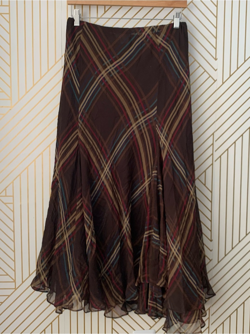 Winter Silks 100% Silk bias cut plaid tartan gypsy boho Renfair Flowy midi skirt - Picture 10 of 13